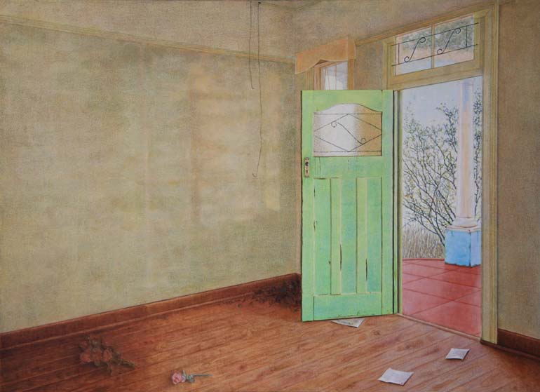 Painting of an interior of a neglected Farm house in the Karoo